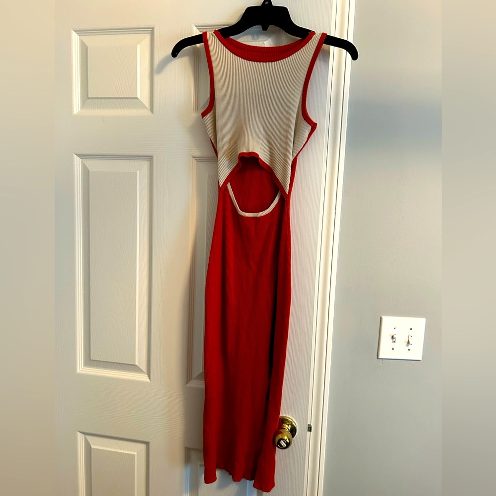XS Midi-length Orange and Cream Cut-Out Dress